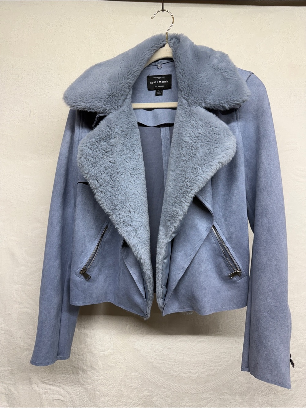 Haute Monde Powder Blue Faux-Shearling Moto Jacket